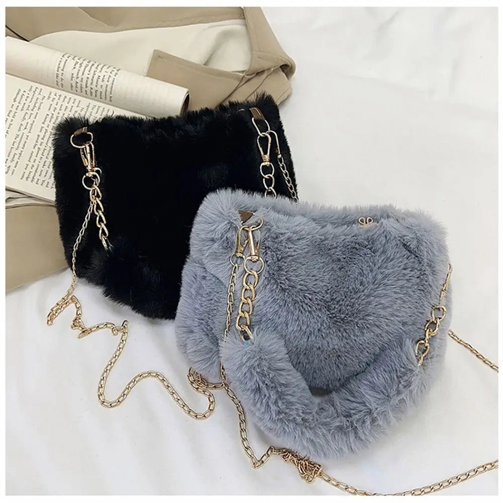 Female Winter Chain Underarm Bag Solid Color Handbag Soft Plush Handle Bag
