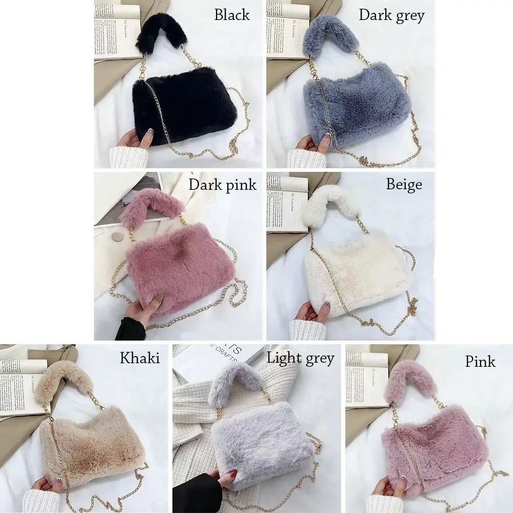 Female Winter Chain Underarm Bag Solid Color Handbag Soft Plush Handle Bag