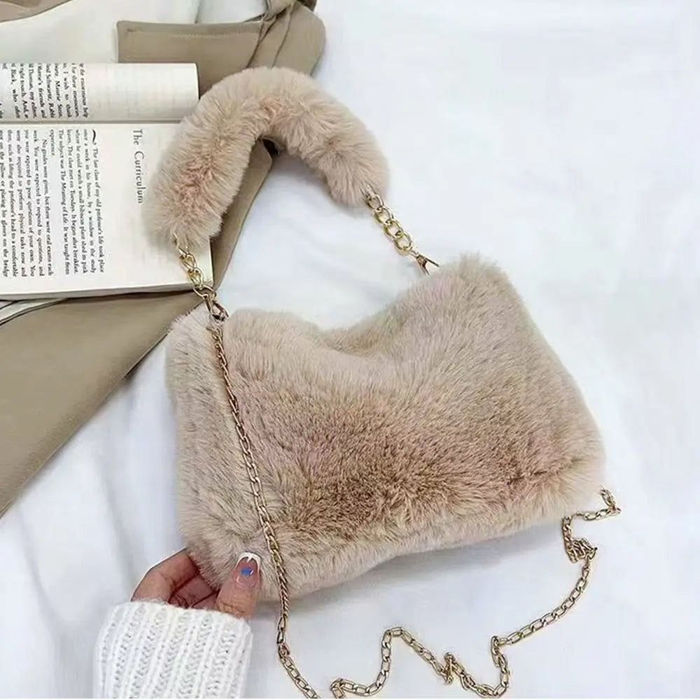 Female Winter Chain Underarm Bag Solid Color Handbag Soft Plush Handle Bag