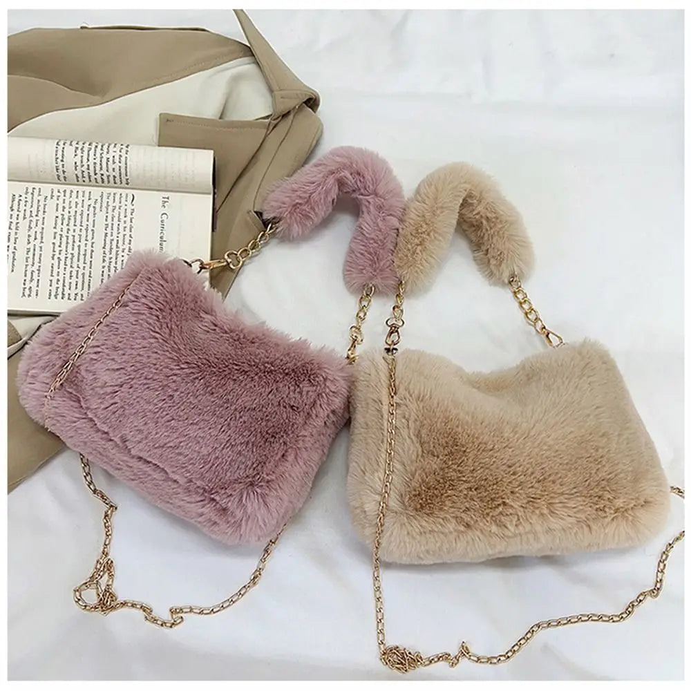 Female Winter Chain Underarm Bag Solid Color Handbag Soft Plush Handle Bag