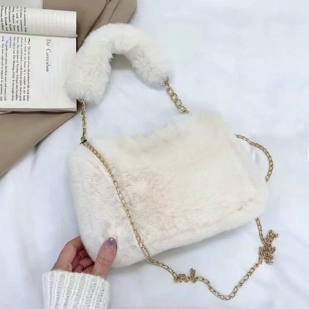 Female Winter Chain Underarm Bag Solid Color Handbag Soft Plush Handle Bag