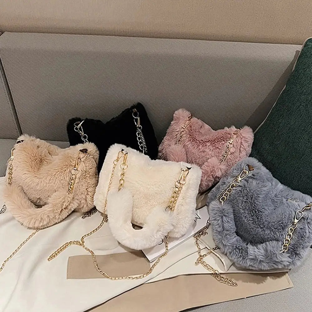 Female Winter Chain Underarm Bag Solid Color Handbag Soft Plush Handle Bag