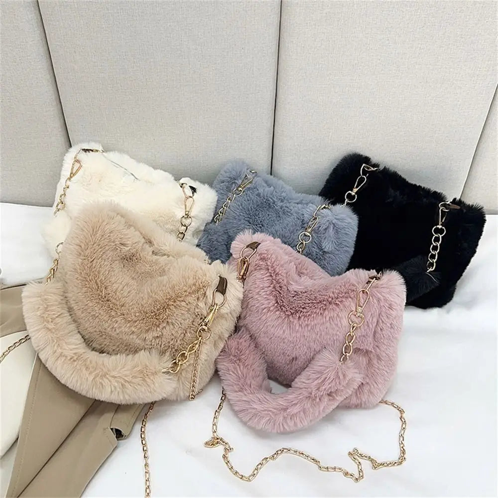 Female Winter Chain Underarm Bag Solid Color Handbag Soft Plush Handle Bag