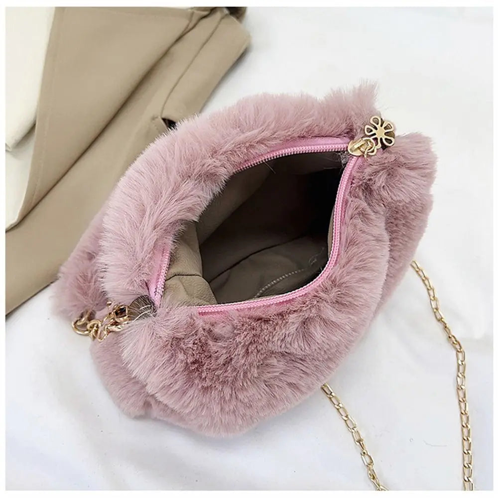 Female Winter Chain Underarm Bag Solid Color Handbag Soft Plush Handle Bag