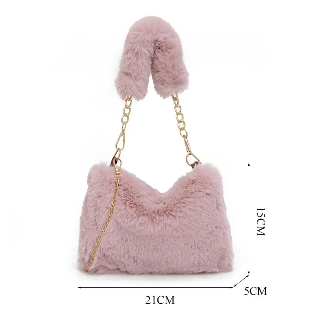 Female Winter Chain Underarm Bag Solid Color Handbag Soft Plush Handle Bag