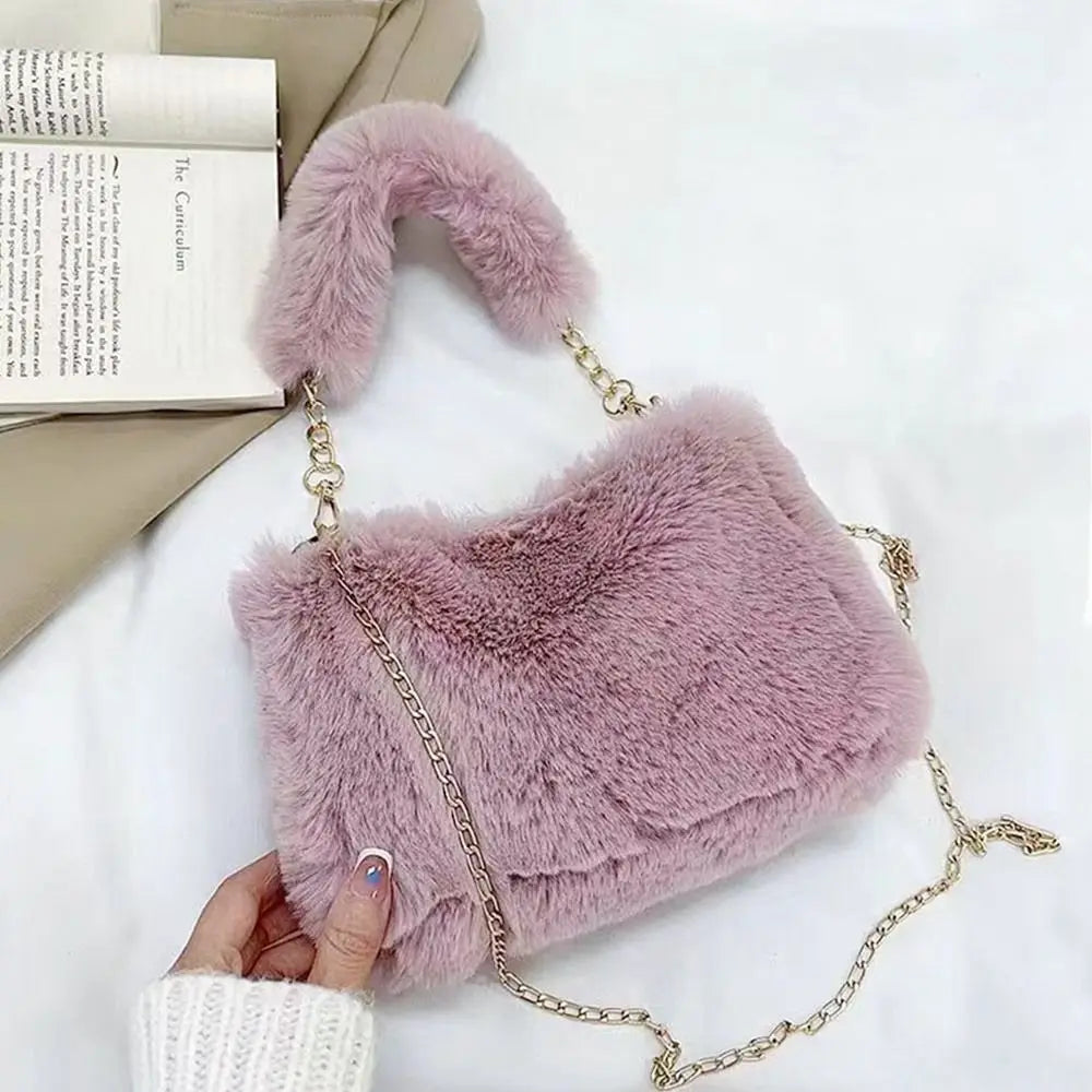 Female Winter Chain Underarm Bag Solid Color Handbag Soft Plush Handle Bag