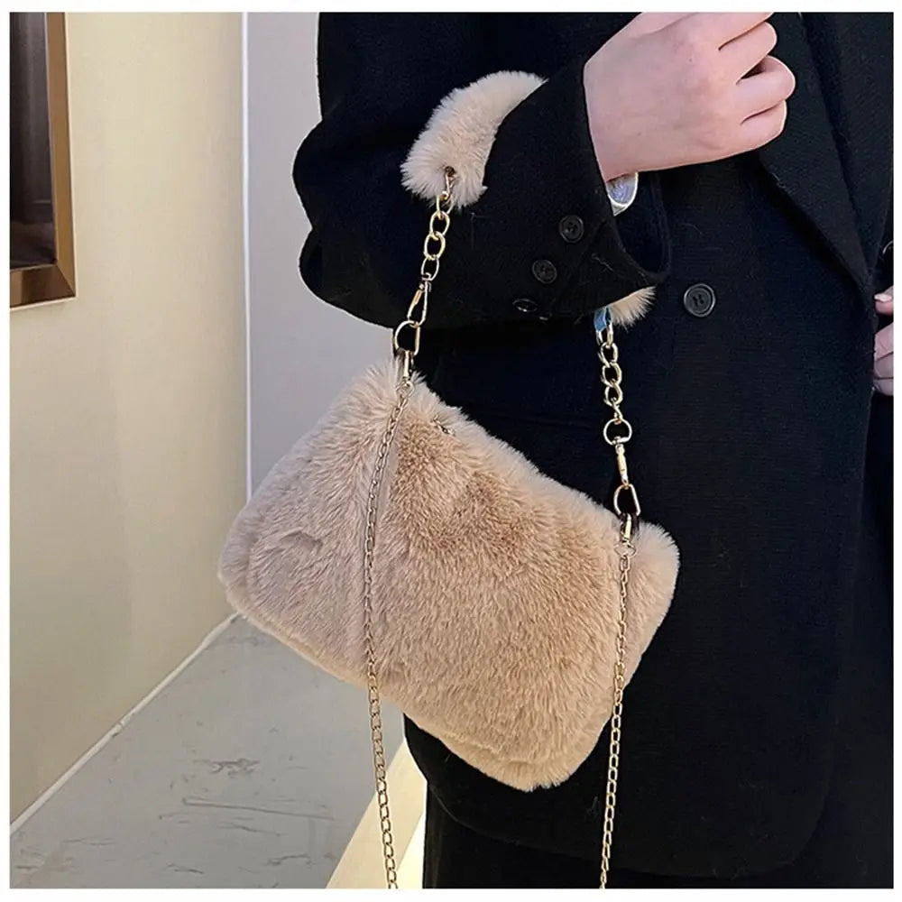 Female Winter Chain Underarm Bag Solid Color Handbag Soft Plush Handle Bag