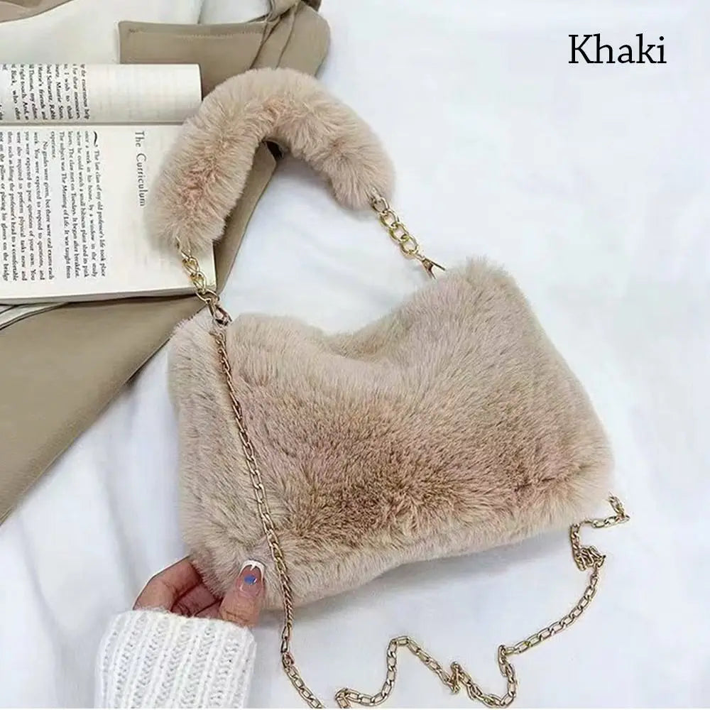 Female Winter Chain Underarm Bag Solid Color Handbag Soft Plush Handle Bag