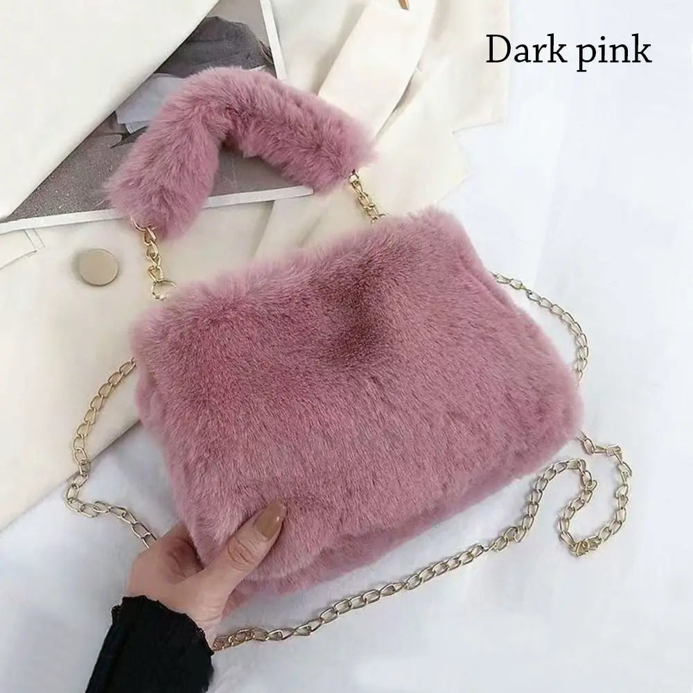Female Winter Chain Underarm Bag Solid Color Handbag Soft Plush Handle Bag