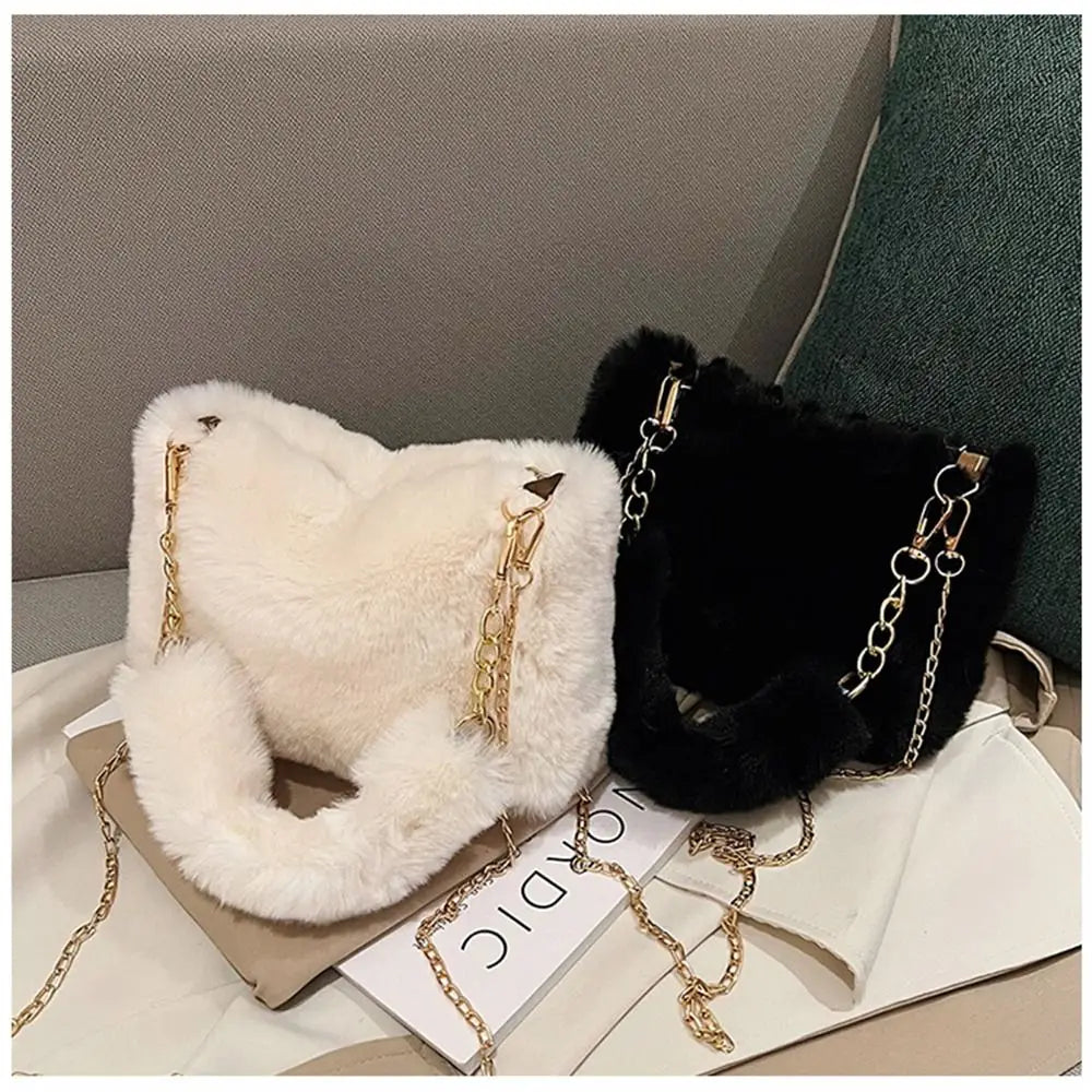 Female Winter Chain Underarm Bag Solid Color Handbag Soft Plush Handle Bag