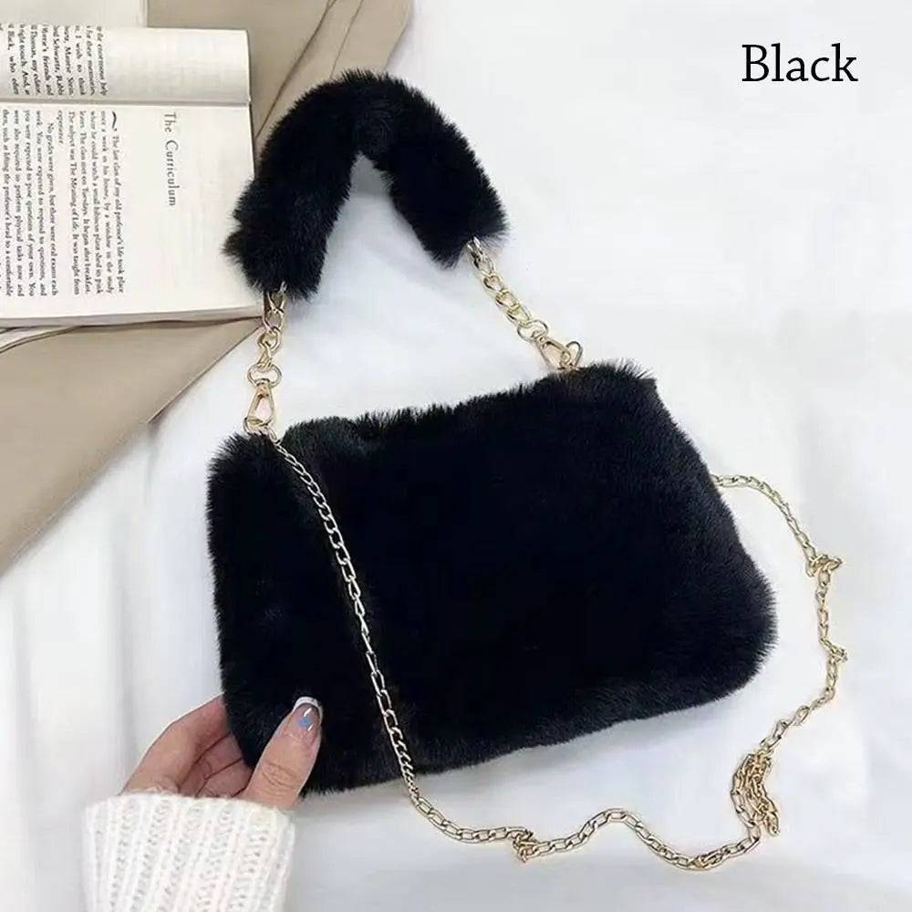 Female Winter Chain Underarm Bag Solid Color Handbag Soft Plush Handle Bag