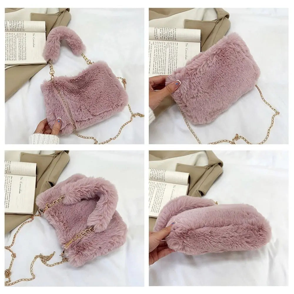 Female Winter Chain Underarm Bag Solid Color Handbag Soft Plush Handle Bag
