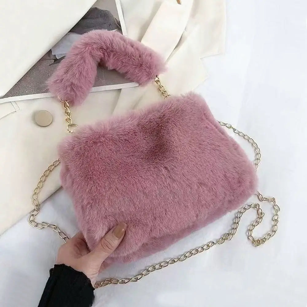 Female Winter Chain Underarm Bag Solid Color Handbag Soft Plush Handle Bag