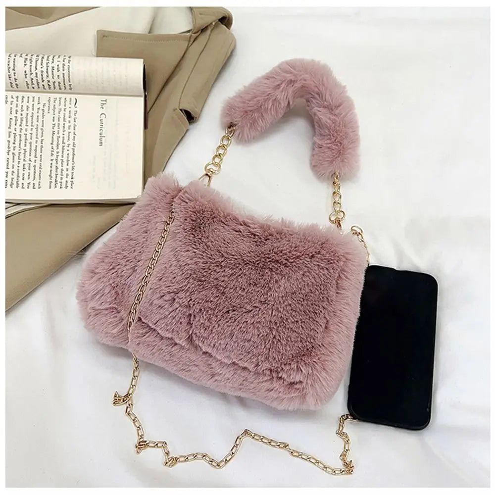 Female Winter Chain Underarm Bag Solid Color Handbag Soft Plush Handle Bag