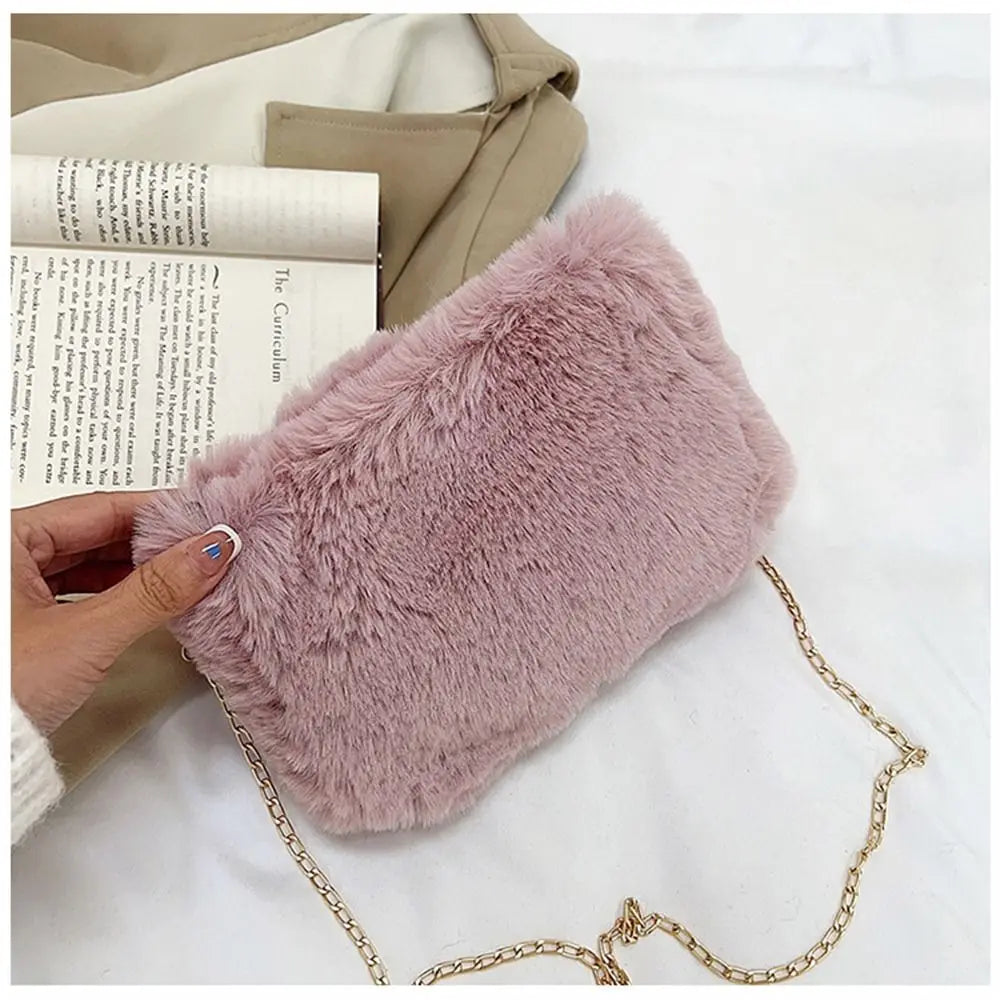 Female Winter Chain Underarm Bag Solid Color Handbag Soft Plush Handle Bag