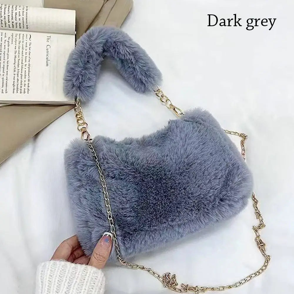 Female Winter Chain Underarm Bag Solid Color Handbag Soft Plush Handle Bag